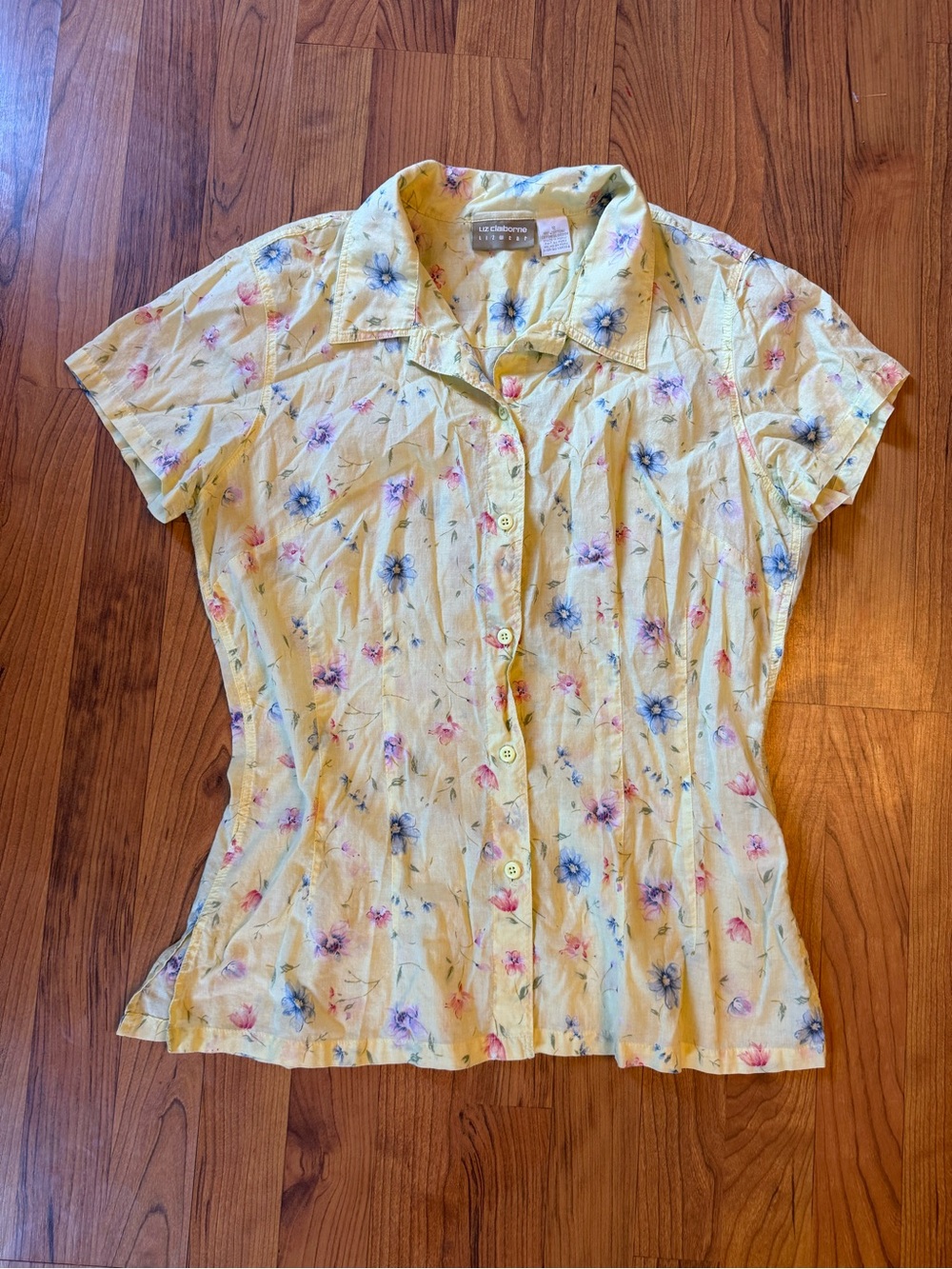 Vtg Y2K Liz Claiborne Yellow Floral Button-Front Short Sleeve Top Cottagecore L - Picture 1 of 5